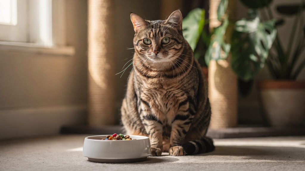 Meu gato come pouco? Saiba como identificar a quantidade de ração ideal para evitar problemas de saúde futuros. 2 Gato tigrado em ambiente aconchegante com comedouro e ração seca