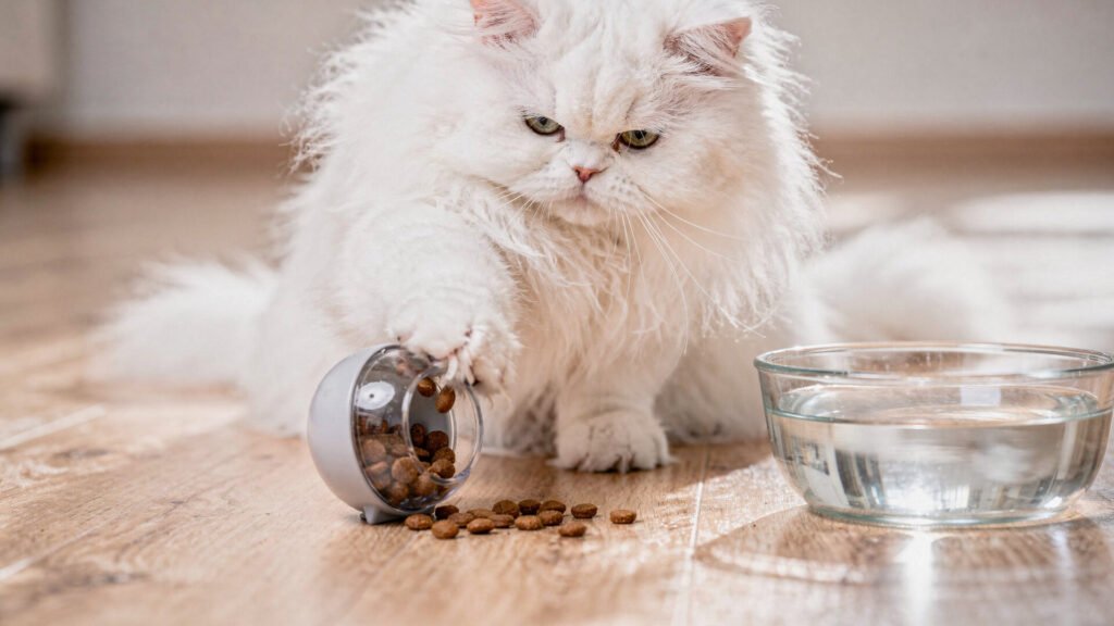 Meu gato come pouco? Saiba como identificar a quantidade de ração ideal para evitar problemas de saúde futuros. 4 Gato persa brincando com dispenser de ração interativo