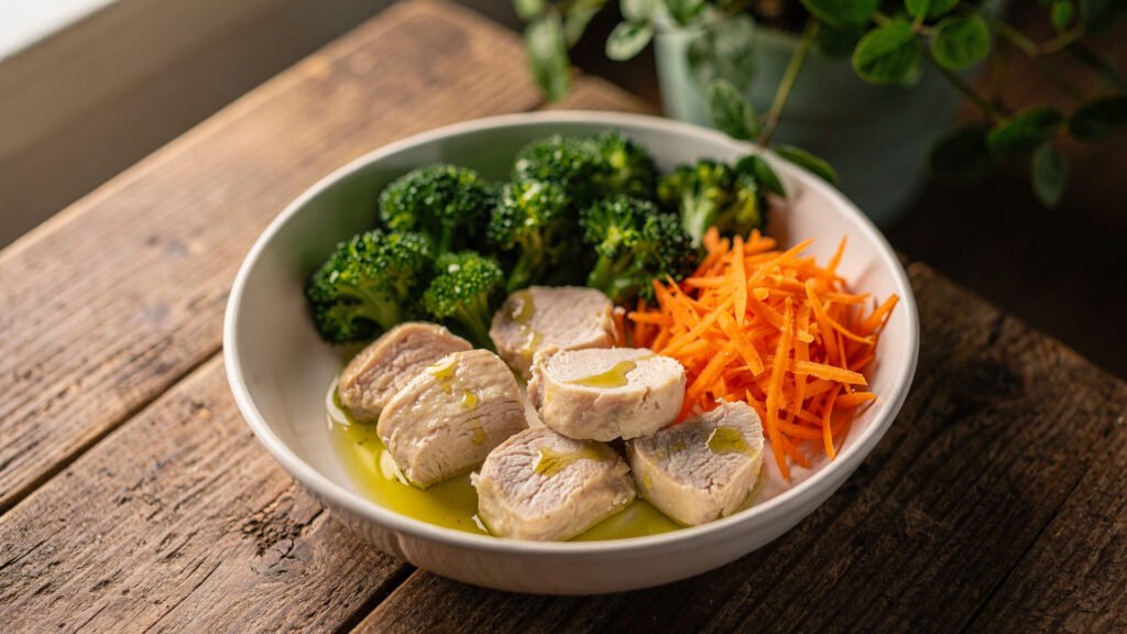 Pare de cometer erros! Como a alimentação correta do seu pet pode transformar a saúde e o humor dele. 4 Tigela de comida natural para cachorro fresca e colorida em mesa de madeira