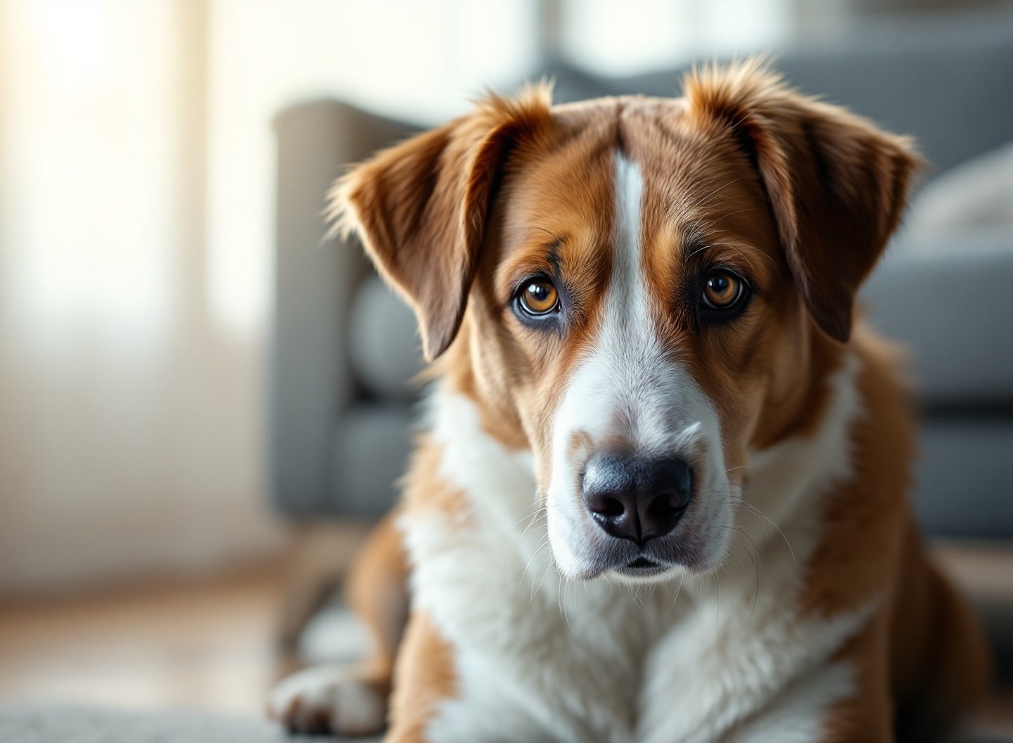 Seu Pet está Sofrendo e Você Não Vê: Os 7 Sinais Silenciosos que Veterinários Alertam 2 Cachorro triste deitado no chão da casa com expressão de sofrimento e desânimo