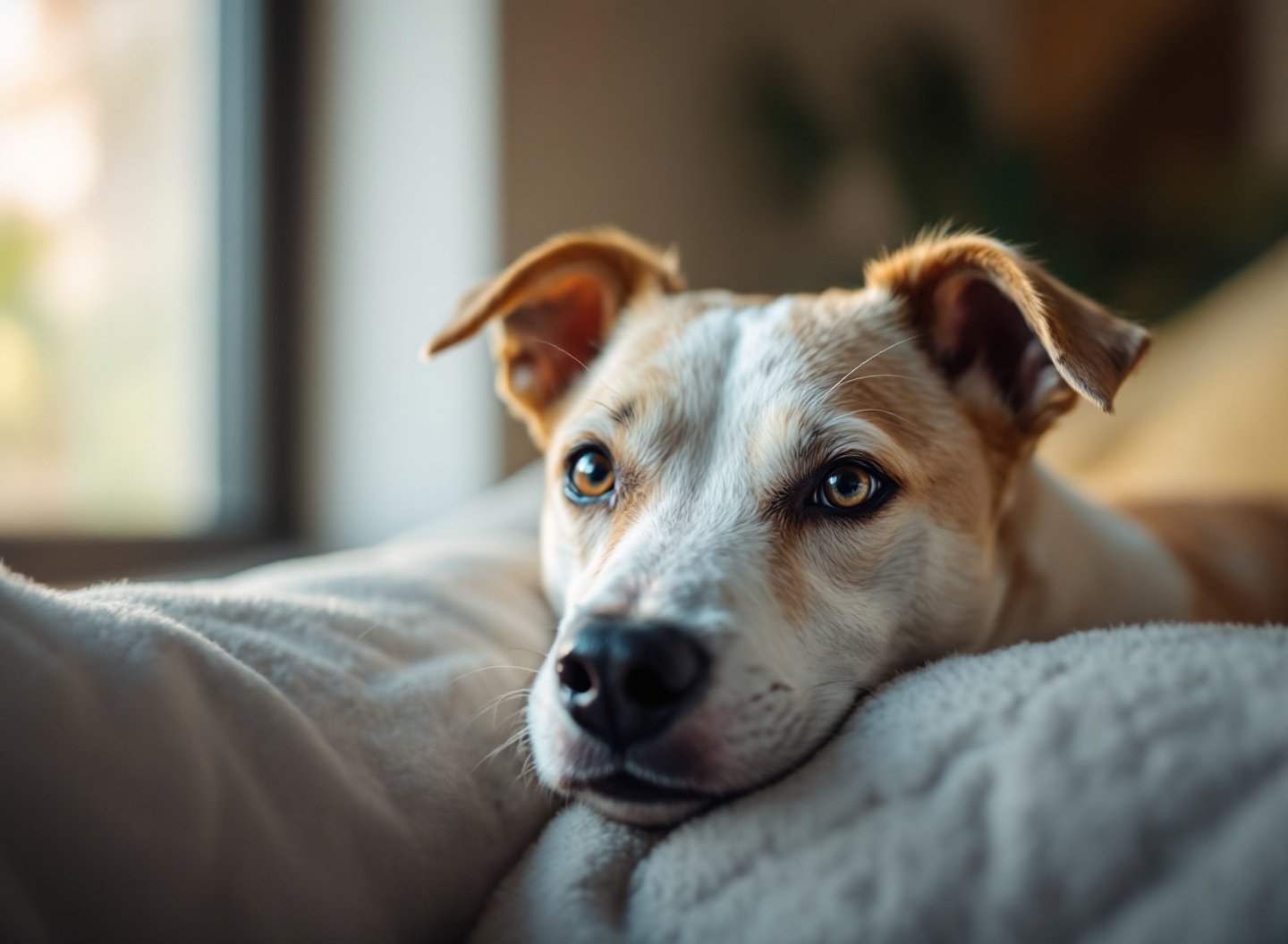 Cachorro com sinais de dor em ambiente doméstico.