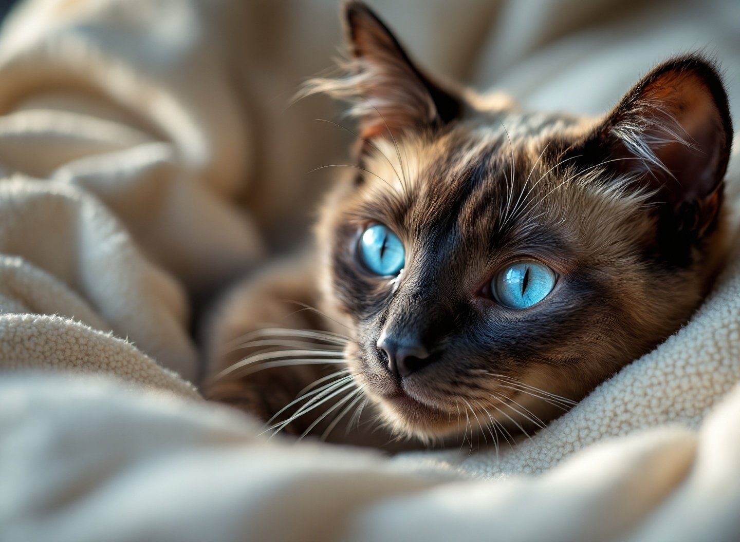 Meu pet merece o melhor? Entenda por que a escolha da ração impacta diretamente a vida do seu companheiro. 18 Gato siamês com pelagem saudável, saco de ração super premium para gatos castrados.