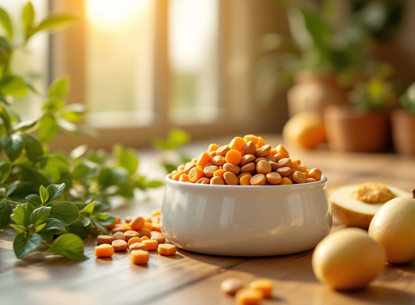 Como a dieta do seu pet molda personalidade, energia e bem-estar — o que a ciência revela sobre nutrição animal 2 tigela de ração premium para cão com ingredientes naturais e nutrientes balanceados