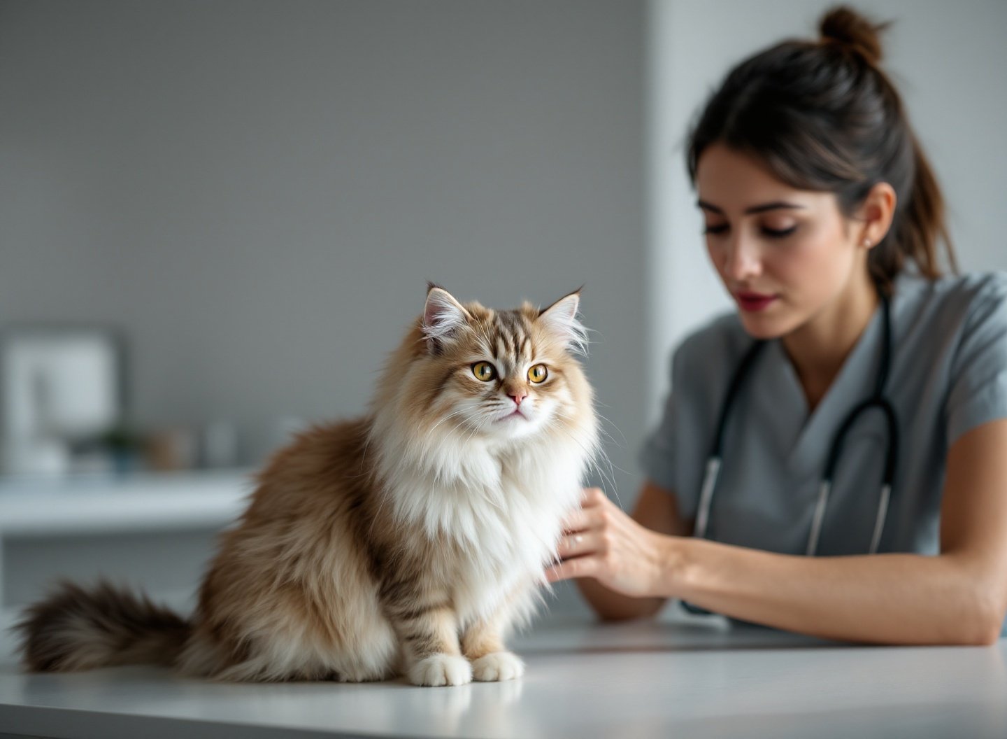 Seu Pet está Sofrendo e Você Não Vê: Os 7 Sinais Silenciosos que Veterinários Alertam 3 Gato doente encolhido no consultório veterinário com tutor preocupado observando