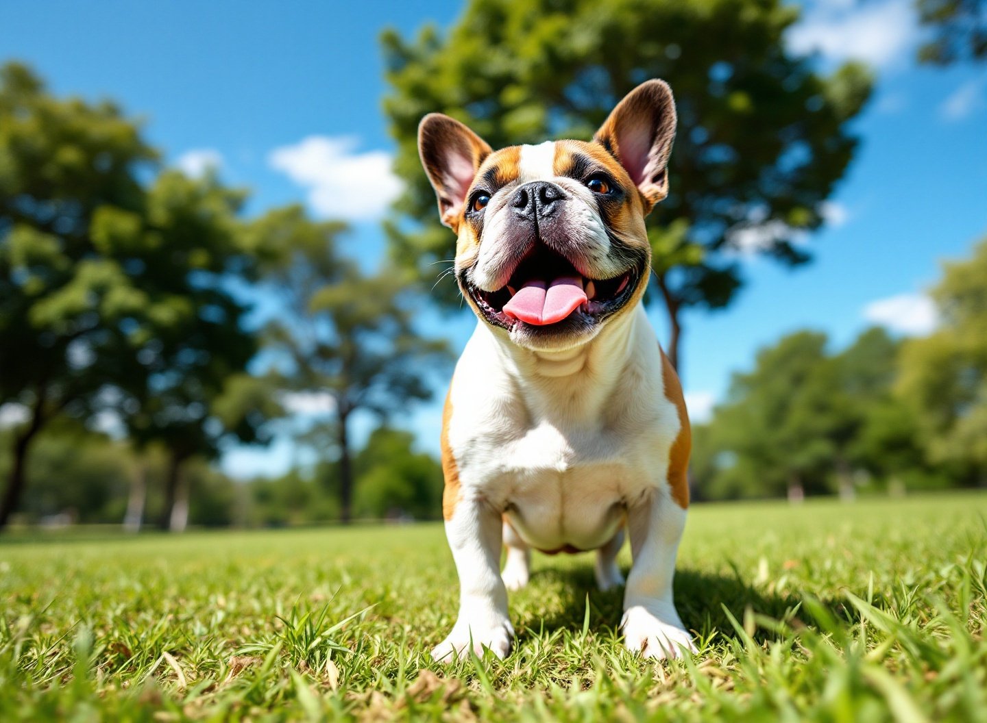Bulldog francês brincando feliz no parque