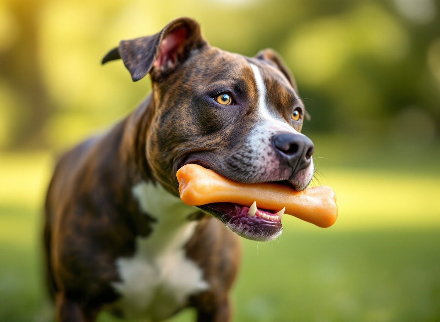 Cachorro Pitbull mordendo brinquedo durável de borracha natural