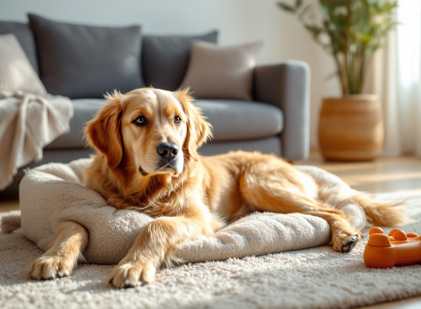 Golden Retriever saudável comendo ração de qualidade em casa