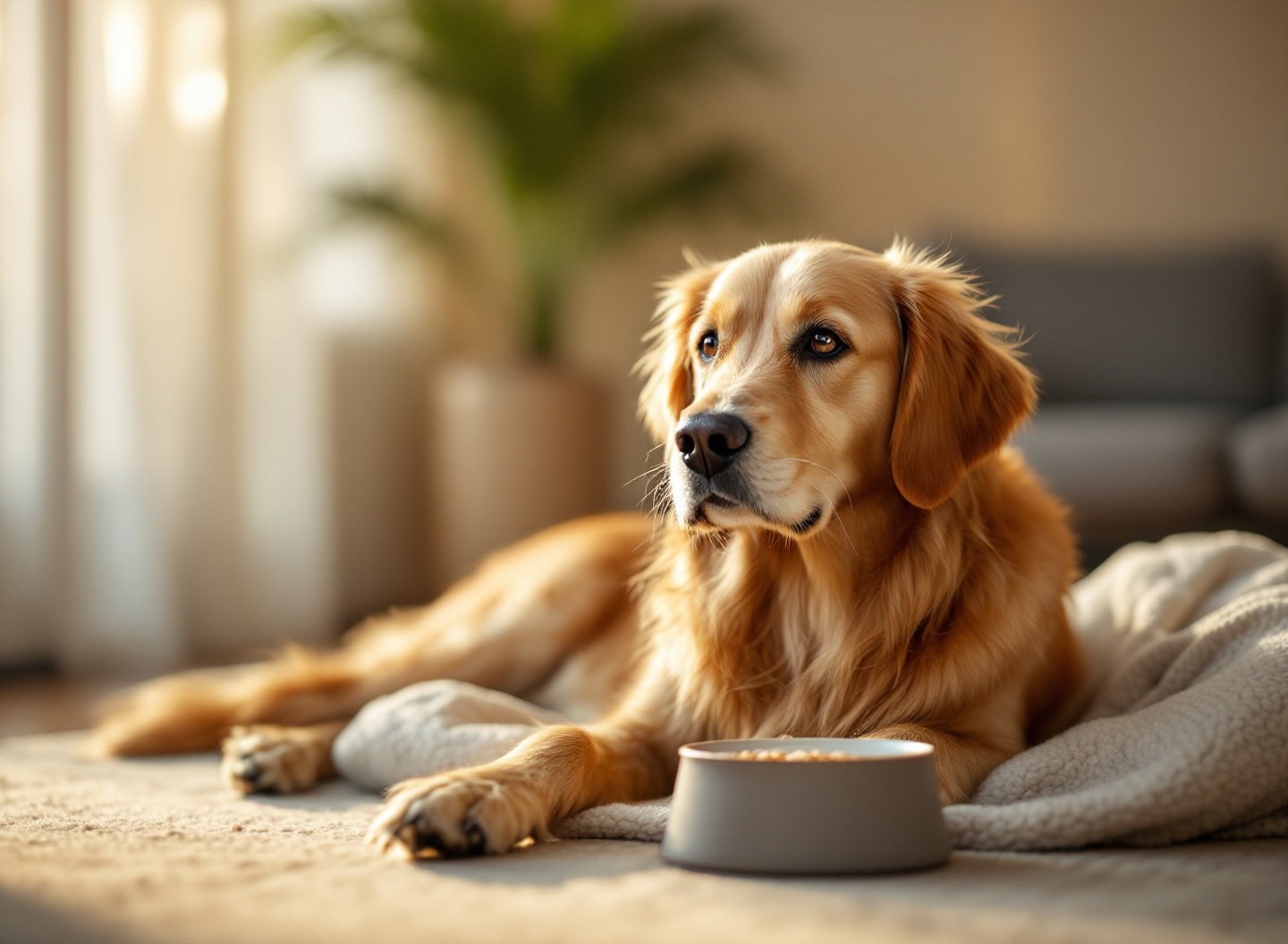 Cachorro Golden Retriever feliz comendo ração premium em casa