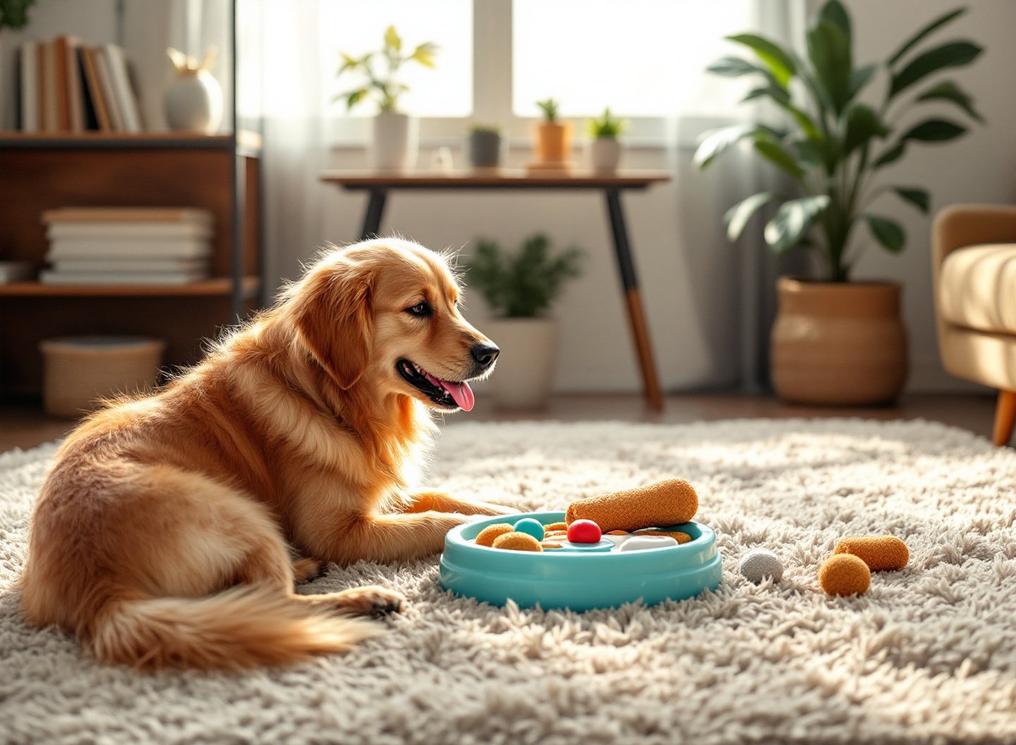 Cachorro Golden Retriever mastigando brinquedo interativo para aliviar o tédio