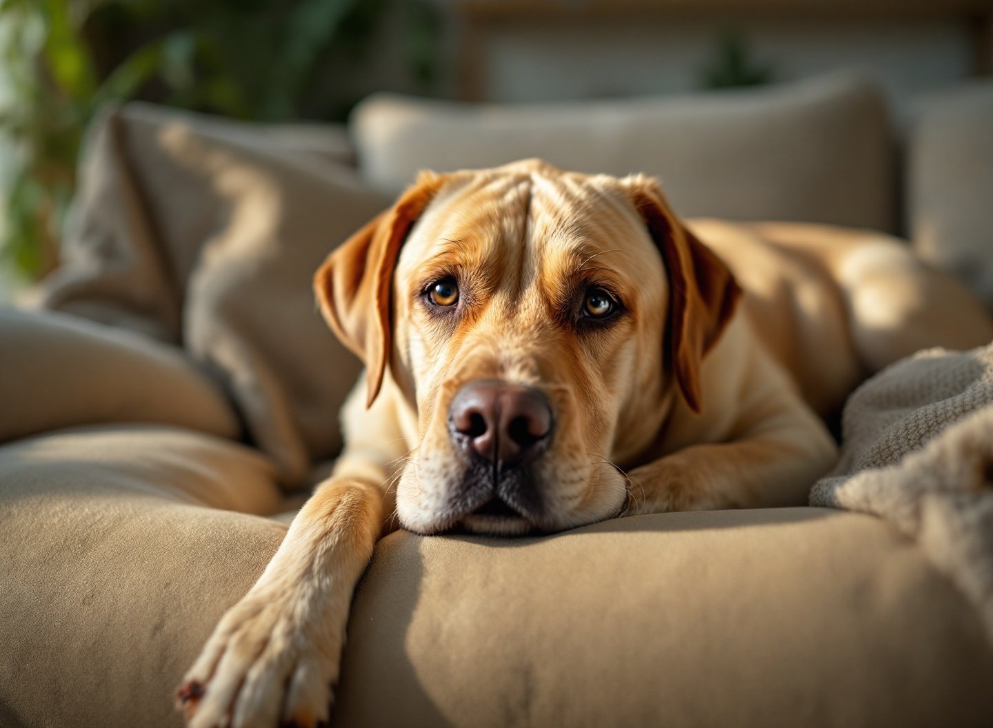 Labrador deitado com aparência cansada em sala de estar