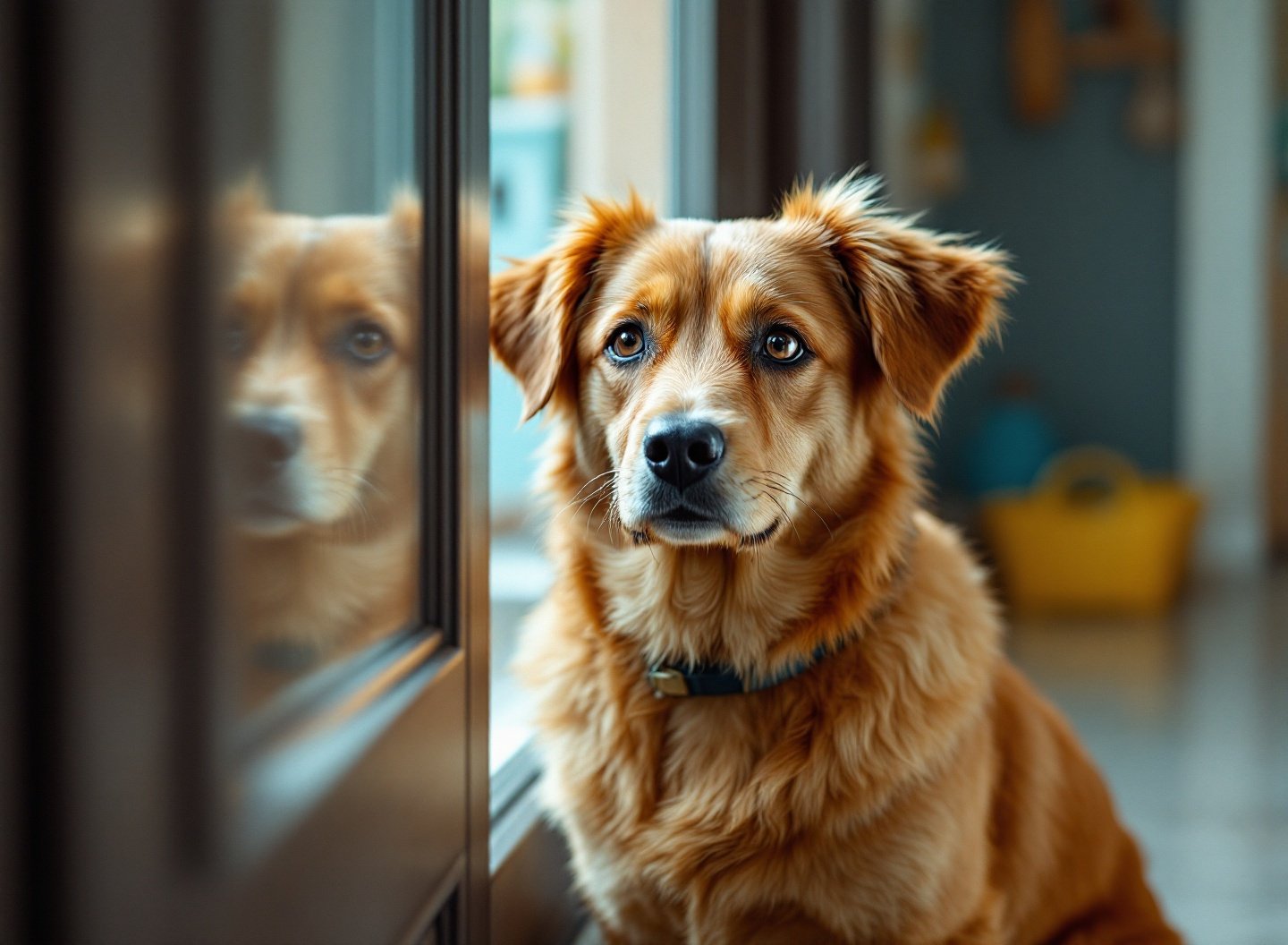 Cachorro triste e cabisbaixo perto da porta, com sinais de ansiedade de separação