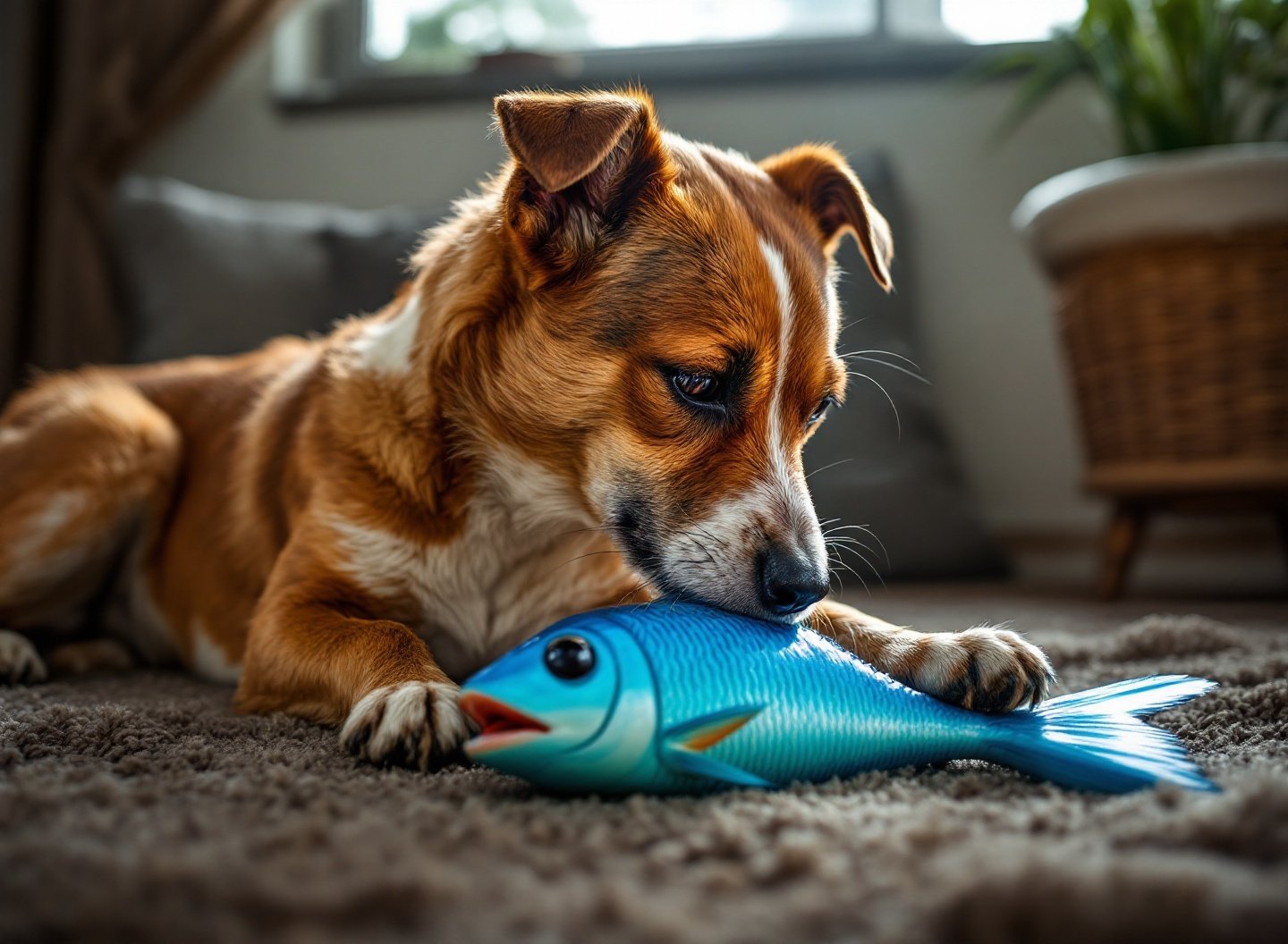 Cachorro mastigando brinquedo de borracha.