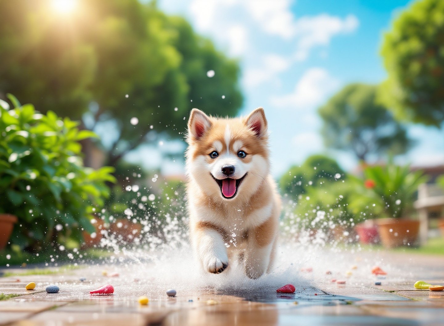Os Sinais que Mostram que Você Pode Estar Cuidando Mal do Seu Pet 4 Cão brincando em jardim ensolarado com brinquedos.