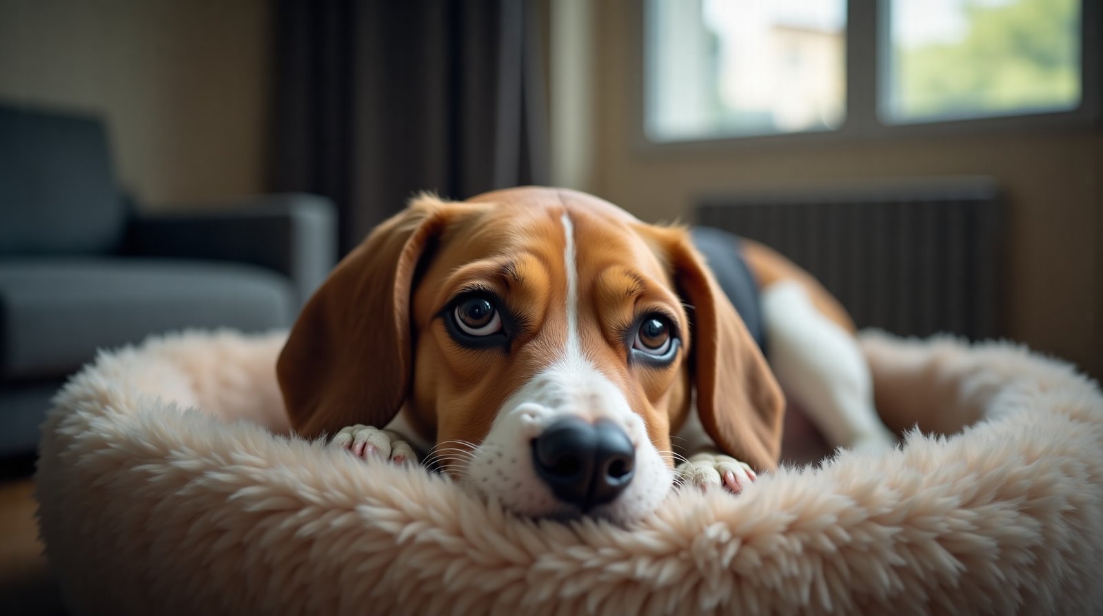 Sinais Inesperados: Como identificar e reduzir a ansiedade no comportamento de pets em casas urbanas. 2 Beagle sozinho em apartamento, expressão de tristeza, ansiedade de separação em pets
