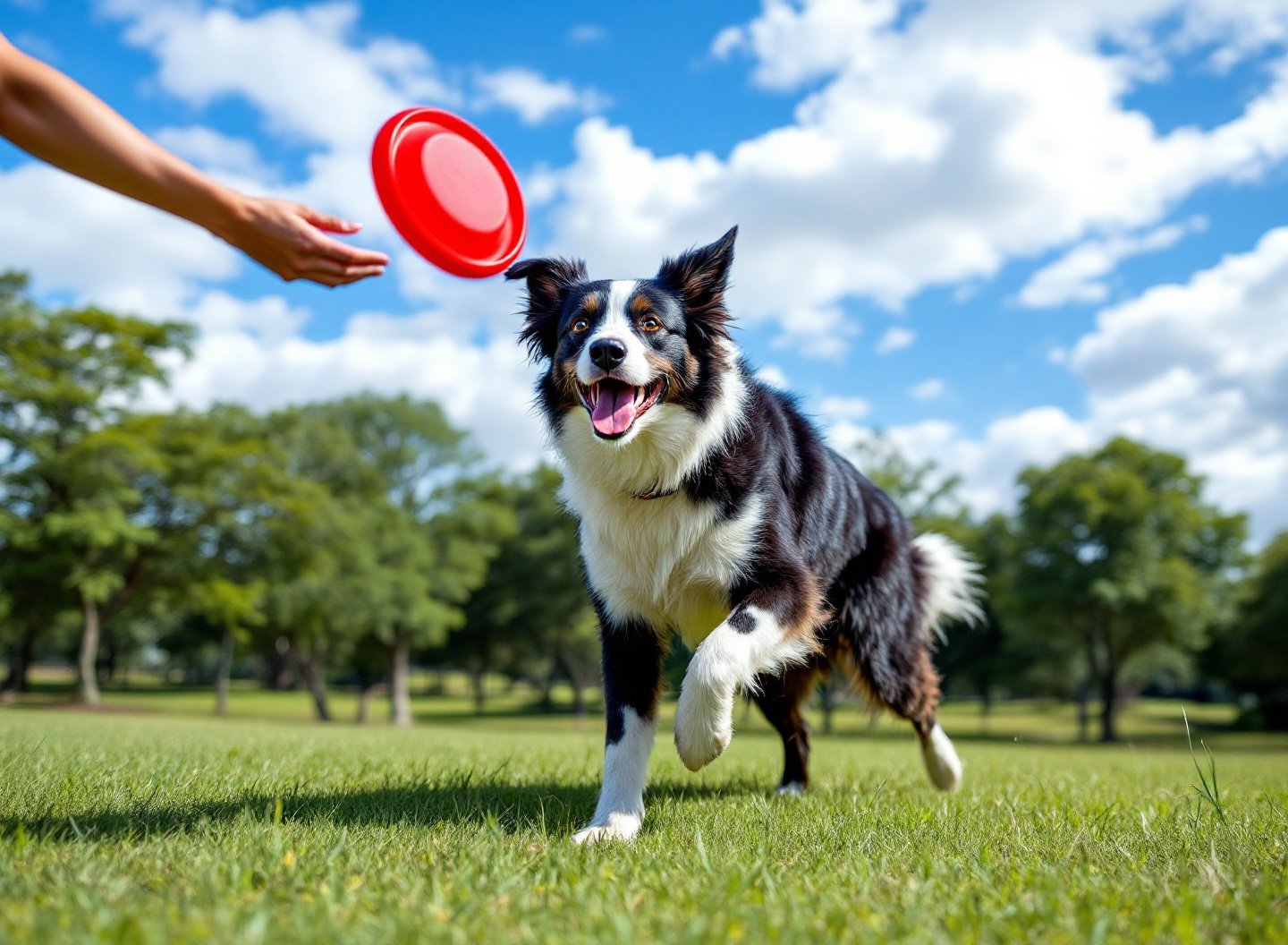 Border Collie correndo atrás de um frisbee em um parque.