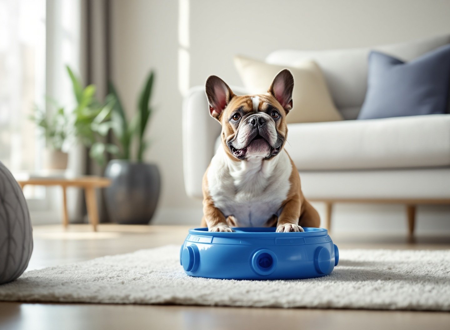 Bulldog Francês brincando com brinquedo interativo azul