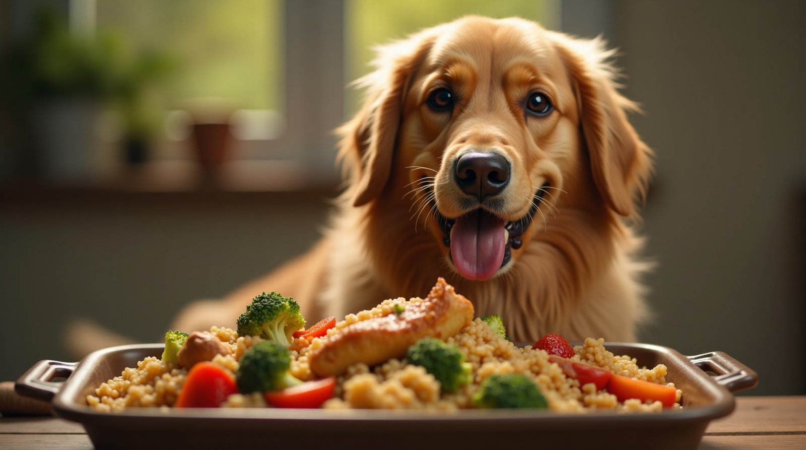 Chega de ração! Descubra como a alimentação natural para pets transforma a saúde e a vitalidade do seu animal. 2 Golden Retriever feliz comendo alimentação natural colorida e fresca em tigela de cerâmica