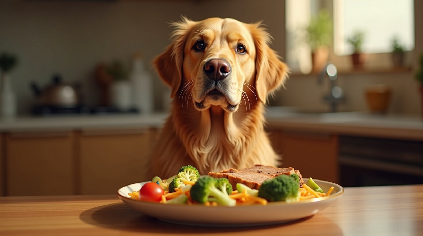 O que muda em 2026: As novas tendências de horários de alimentação pet que prometem revolucionar a saúde animal. 2 Cão Golden Retriever observando tigela de comida natural e saudável em cozinha iluminada.