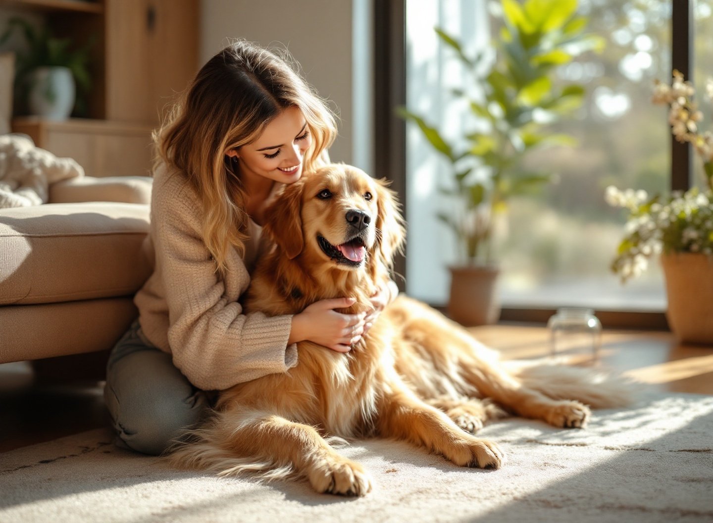 Mulher acariciando Golden Retriever, demonstrando conexão e psicologia animal básica