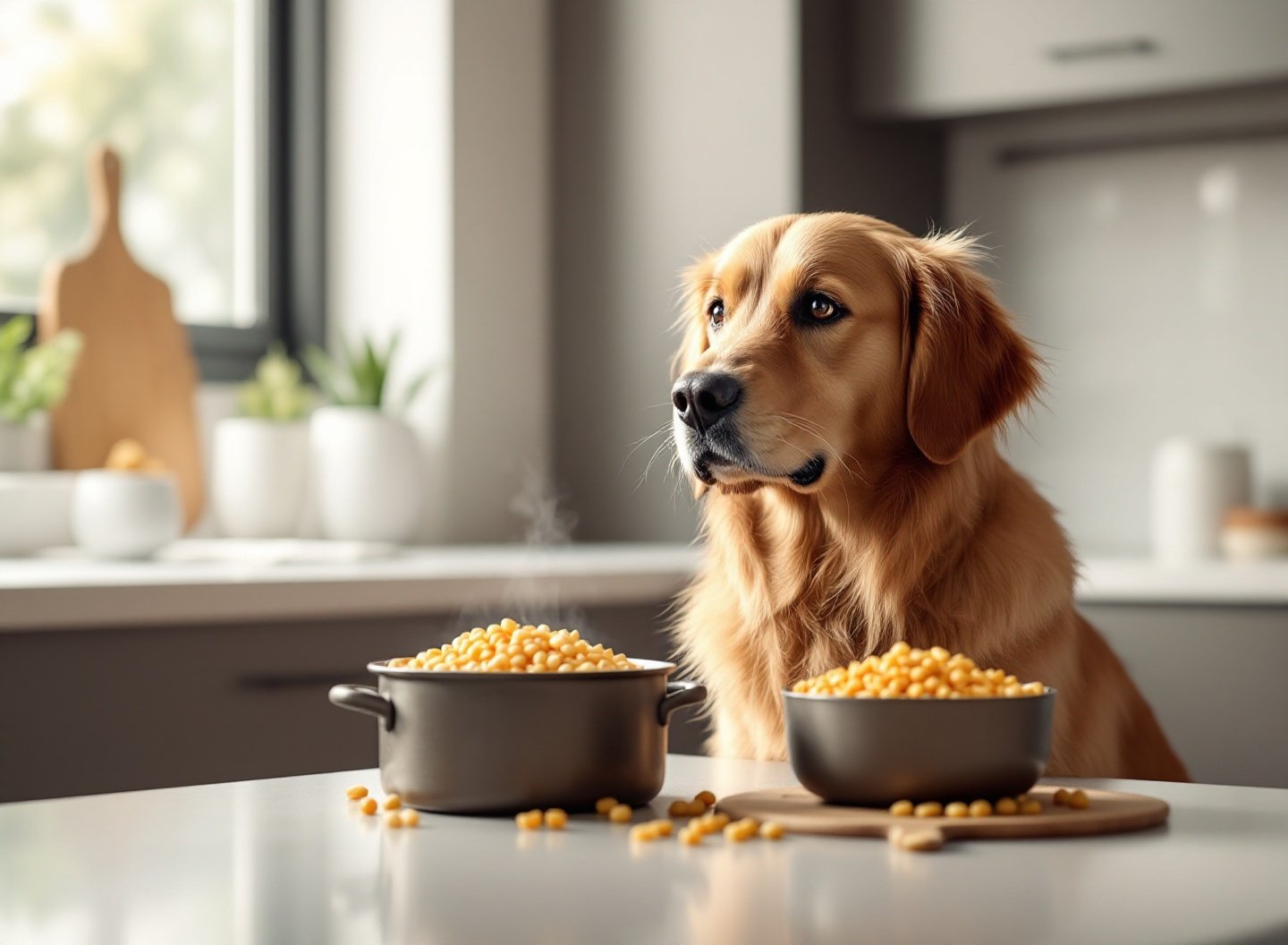 Cão Golden Retriever comparando dois tipos de ração, ilustrando a diferença entre rações