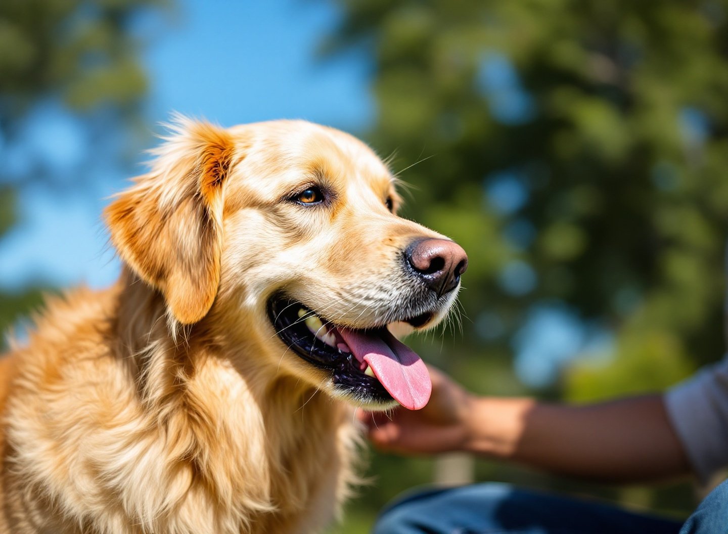 Sua Intuição não Mente: Descubra como decifrar os sinais de pet saudável e evite visitas desnecessárias ao veterinário 2 Tutor sorrindo e acariciando um cachorro feliz em um parque ensolarado, demonstrando sinais de pet saudável.
