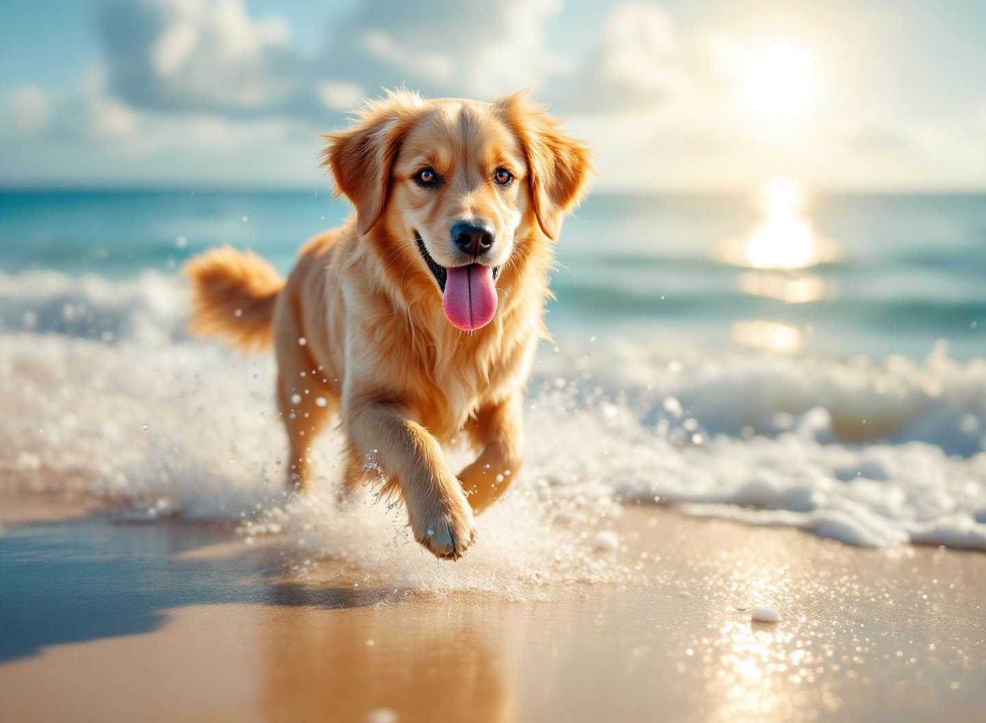 Golden Retriever correndo na praia com brinquedo resistente flutuante