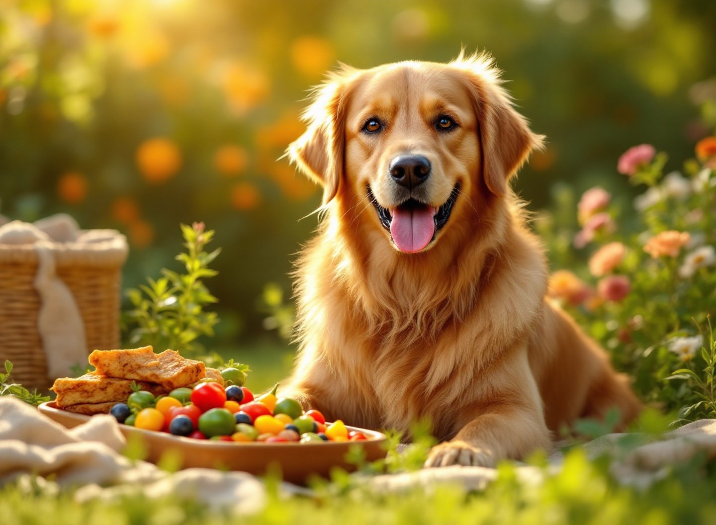 Golden Retriever saudável com tigela de comida natural em jardim ensolarado