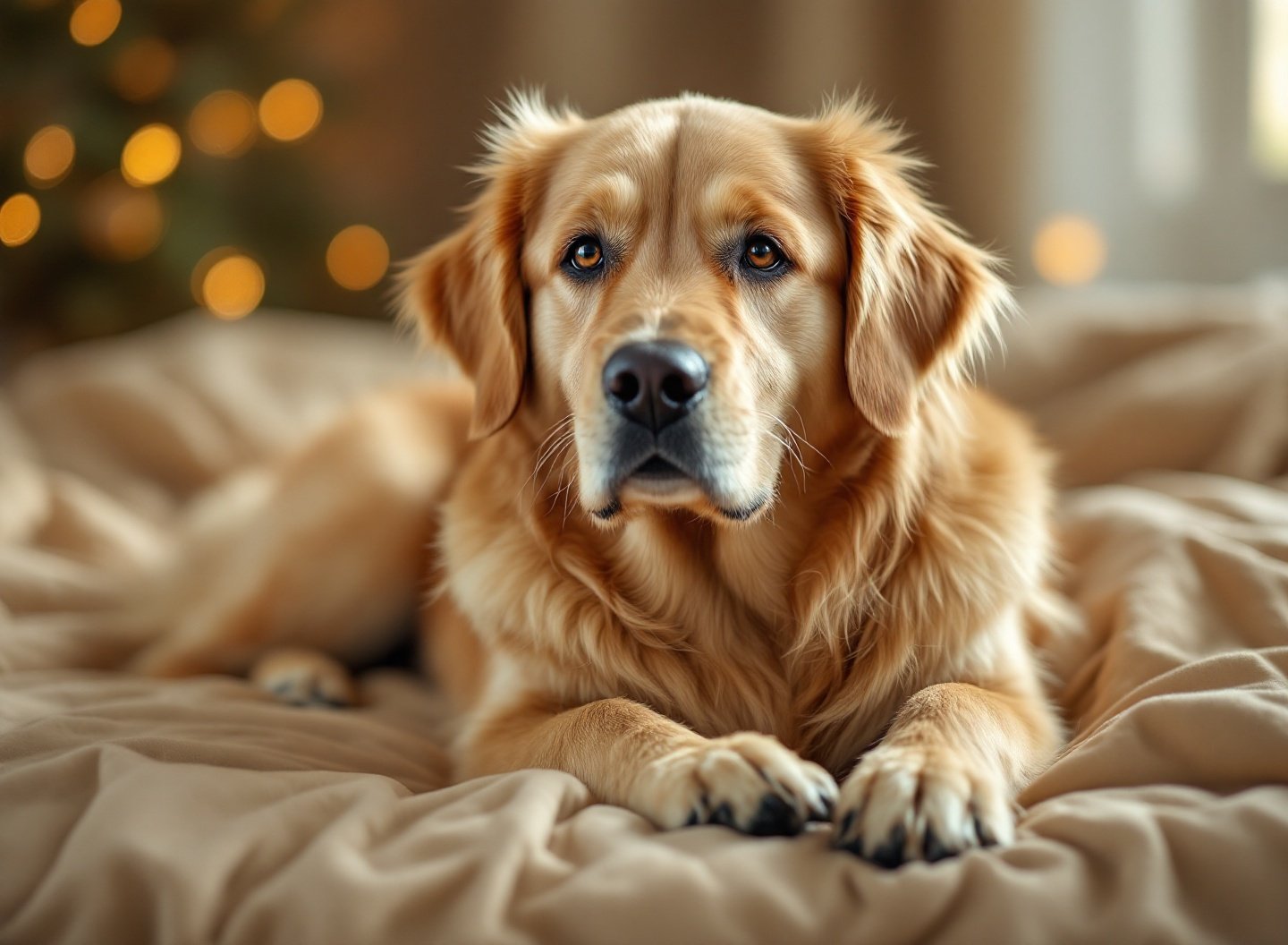Cão Golden Retriever saudável com tigela de ração premium, indicando bem-estar animal.