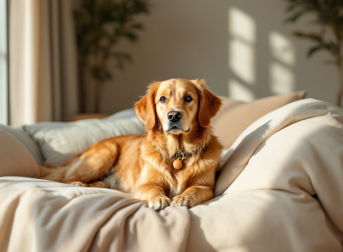 Chega de tédio! Crie uma rotina feliz para pets e veja a transformação no bem-estar do seu animal de estimação. 2 Cão Golden Retriever relaxado em cama confortável, simbolizando bem-estar animal e rotina feliz