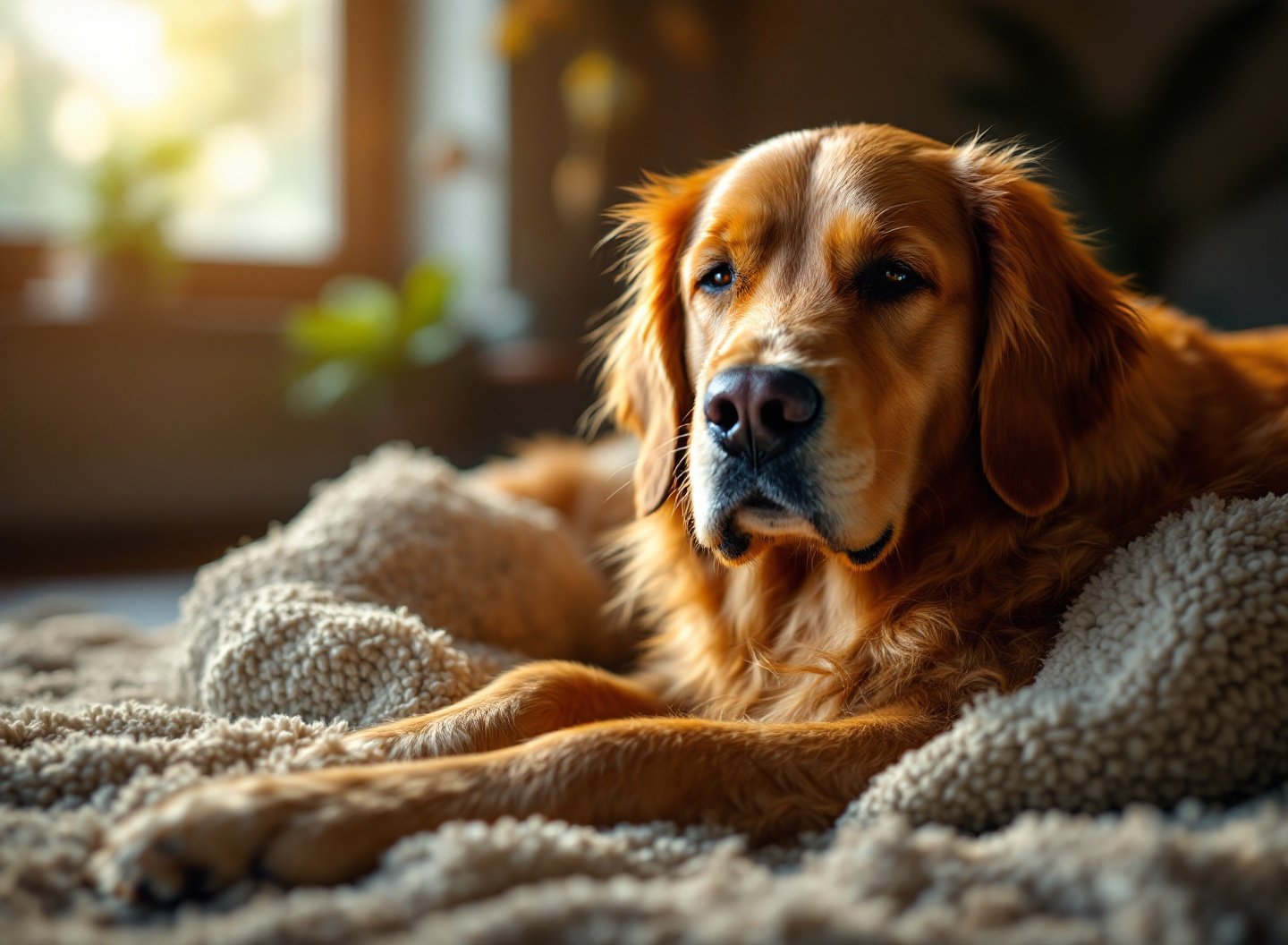 Golden Retriever relaxado e tranquilo em casa, demonstrando bem-estar animal