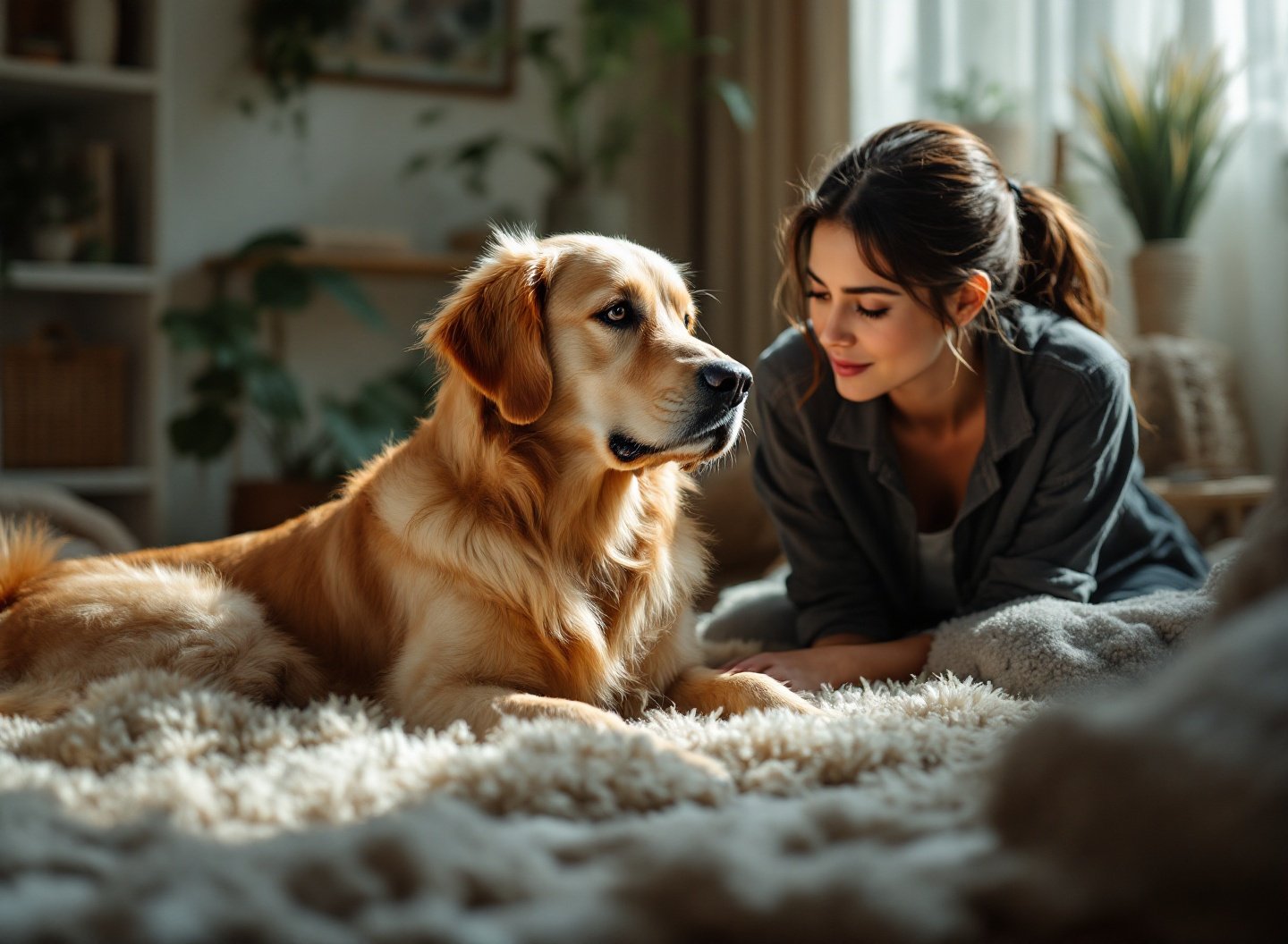 Mulher observando atentamente a pelagem e gengivas de um Golden Retriever, identificando sinais de pet saudável