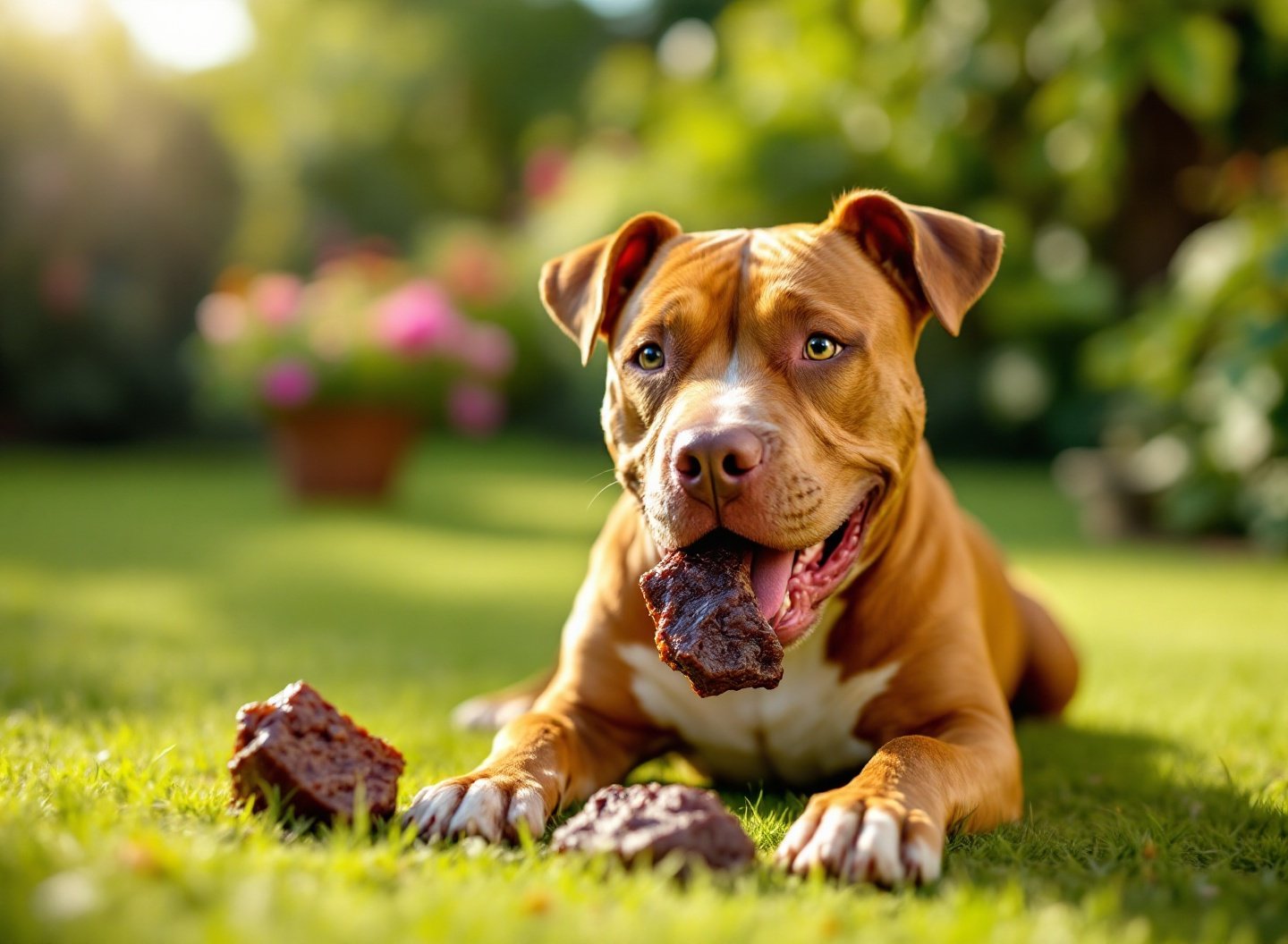 Cão Pitbull mastigando brinquedo resistente de borracha em gramado
