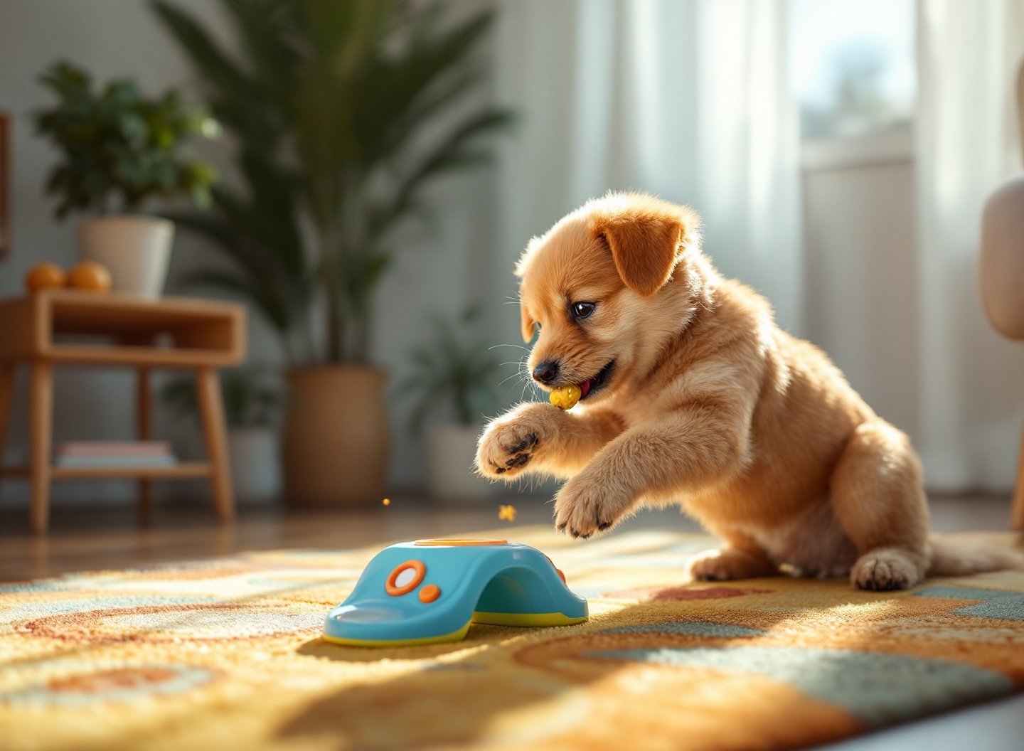 Cão brincando com brinquedo interativo em casa