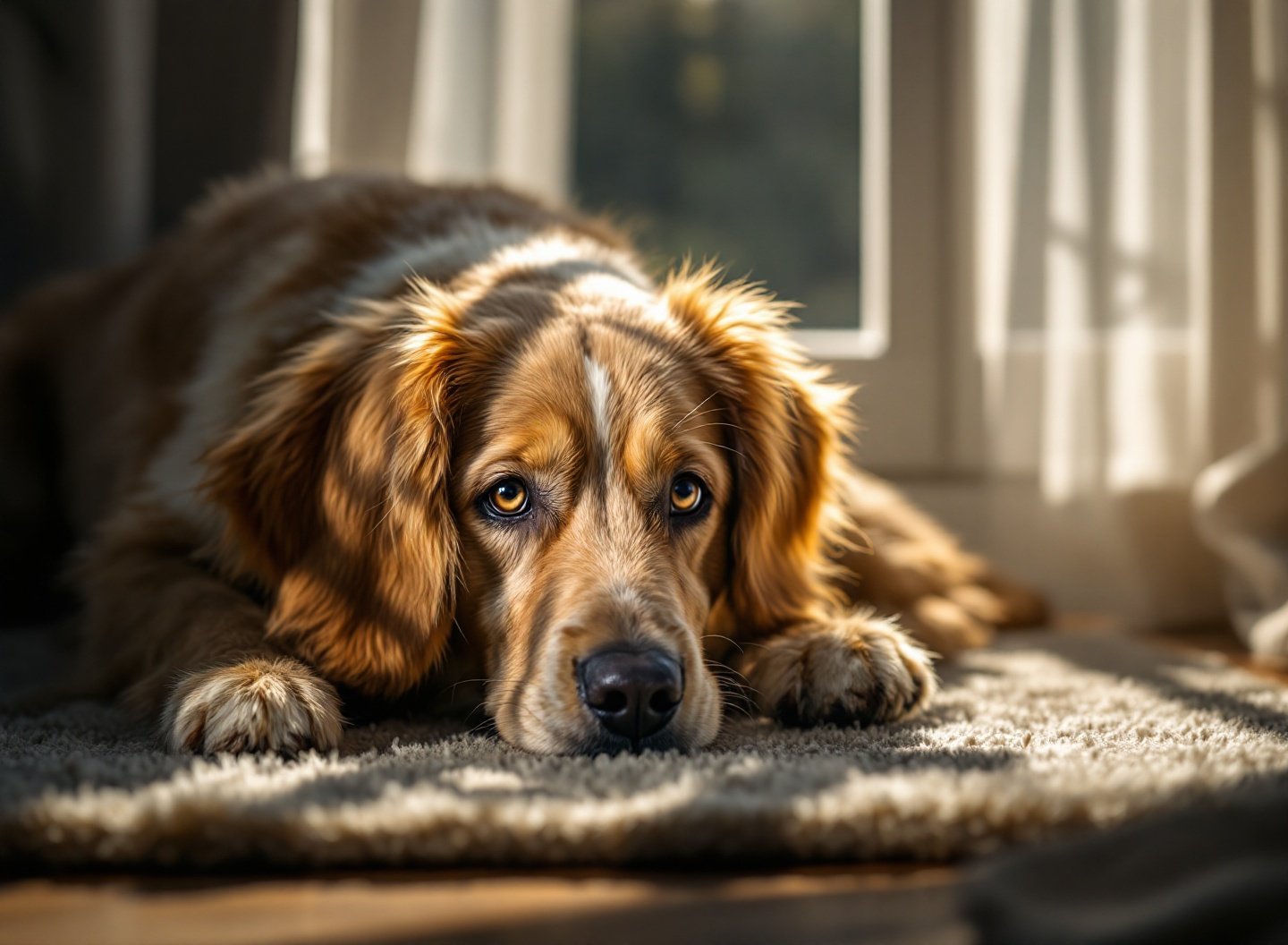 Quando brinquedos não são suficientes: transformando a diversão do seu cão 4 Cão relaxando tranquilamente em ambiente doméstico iluminado