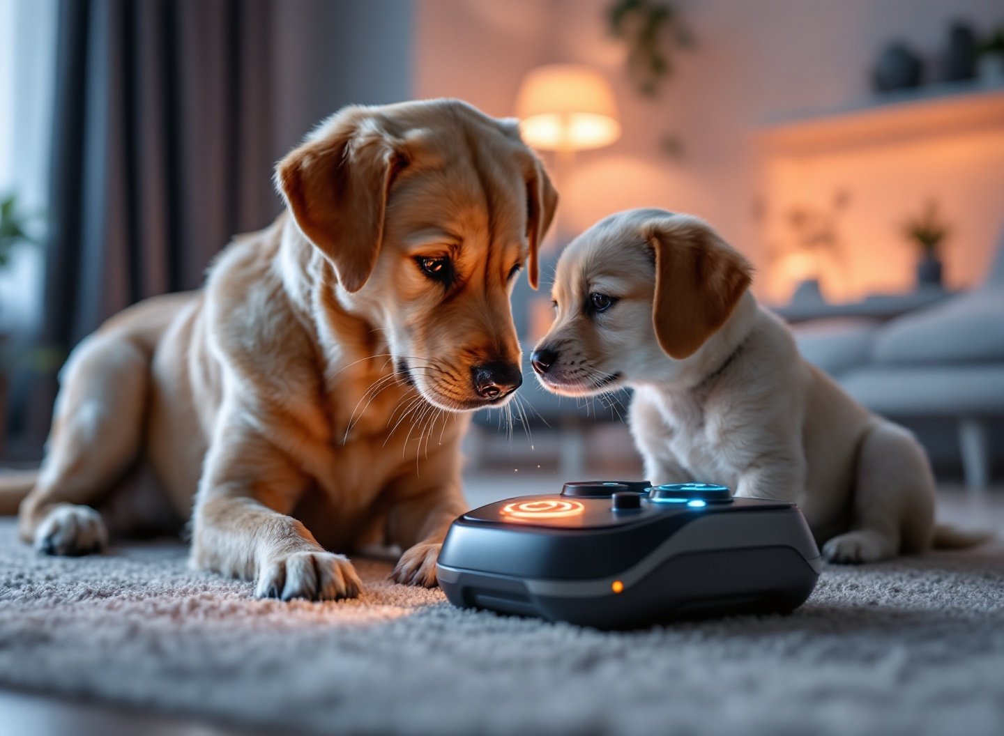 Nova Era dos Brinquedos Interativos: A Revolução no Entretenimento Pet 2 Cão Labrador interagindo com brinquedo tecnológico em ambiente moderno.