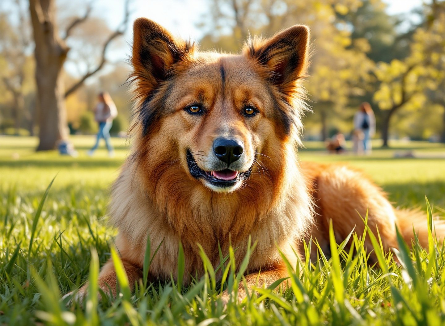 Cão relaxado deitado na grama em um parque, sinal de felicidade.