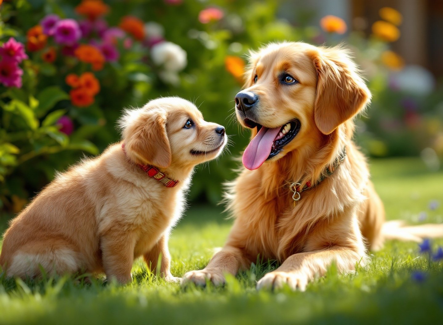 Filhote de golden retriever com brinquedo no jardim.