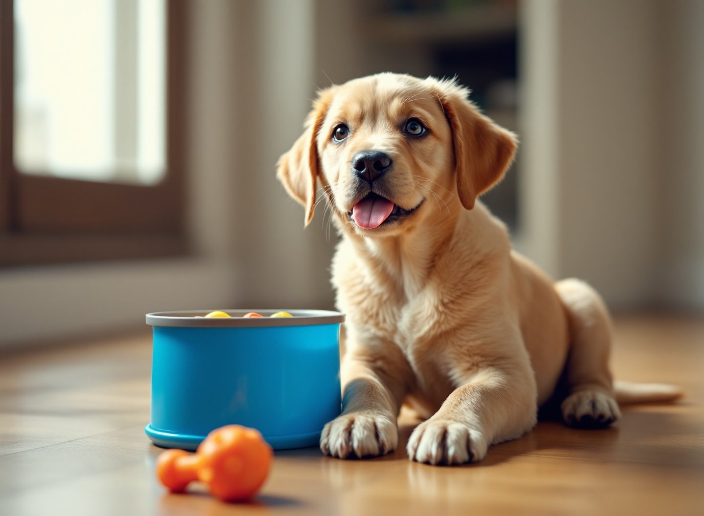 Pare de Errar: Descubra como escolher a melhor ração para seu cão e transforme a saúde dele agora. 3 Filhote de Labrador com ração premium e brinquedos