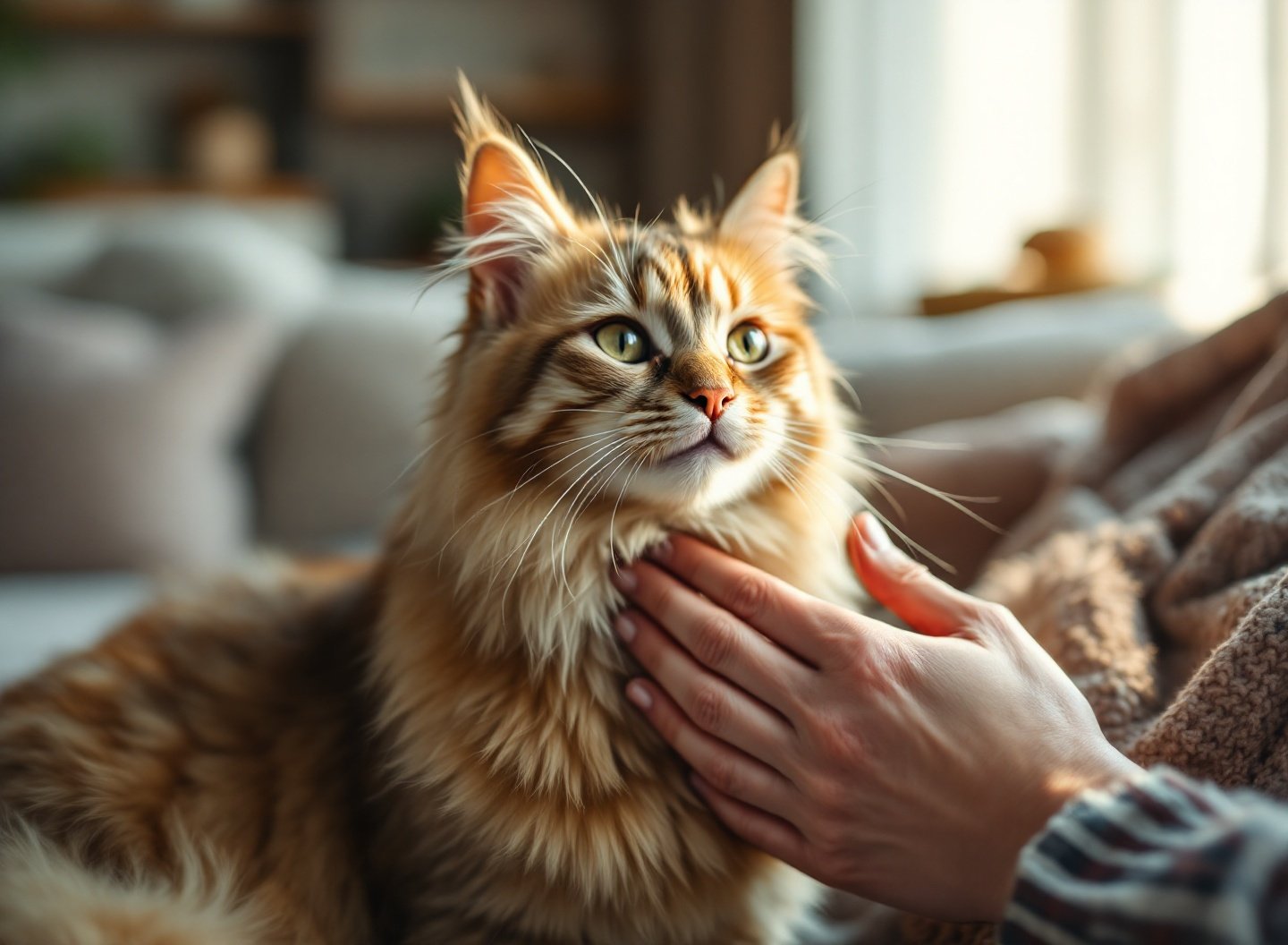 Gato cinza ronronando enquanto é acariciado, exemplo de sinal de pet feliz.