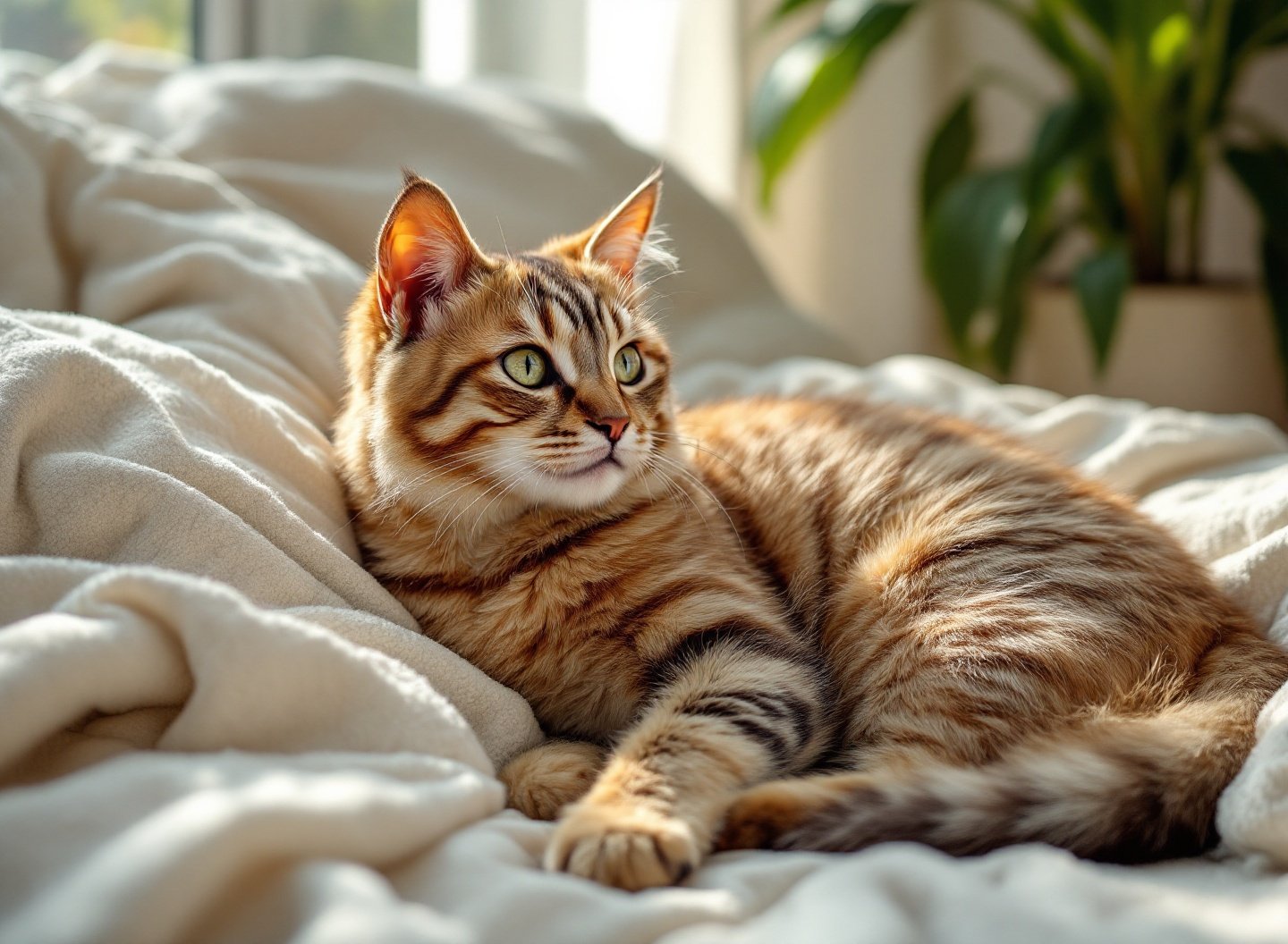 Sua Intuição não Mente: Descubra como decifrar os sinais de pet saudável e evite visitas desnecessárias ao veterinário 4 Gato tigrado relaxando em uma cama ortopédica, desfrutando de conforto e bem-estar em casa.