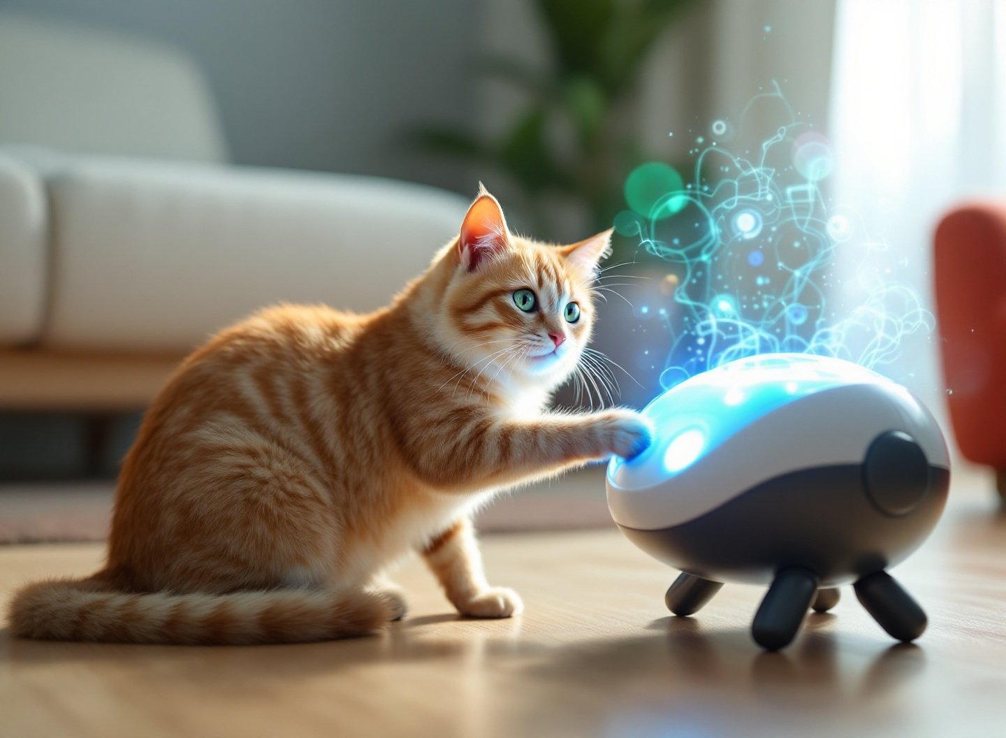 Gato brincando com brinquedo eletrônico.