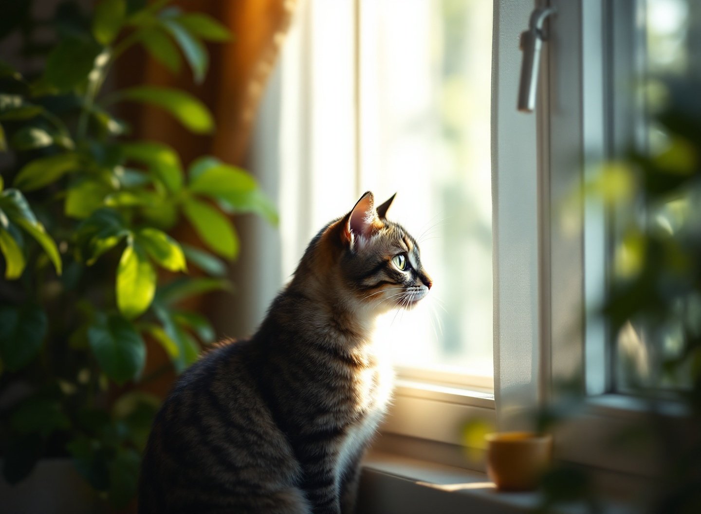 Gato olhando pela janela em casa