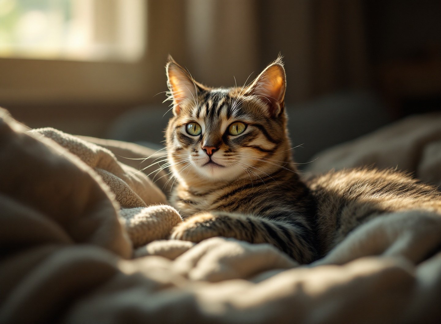 Gato idoso com sinais de dor em ambiente doméstico, olhos semi-cerrados