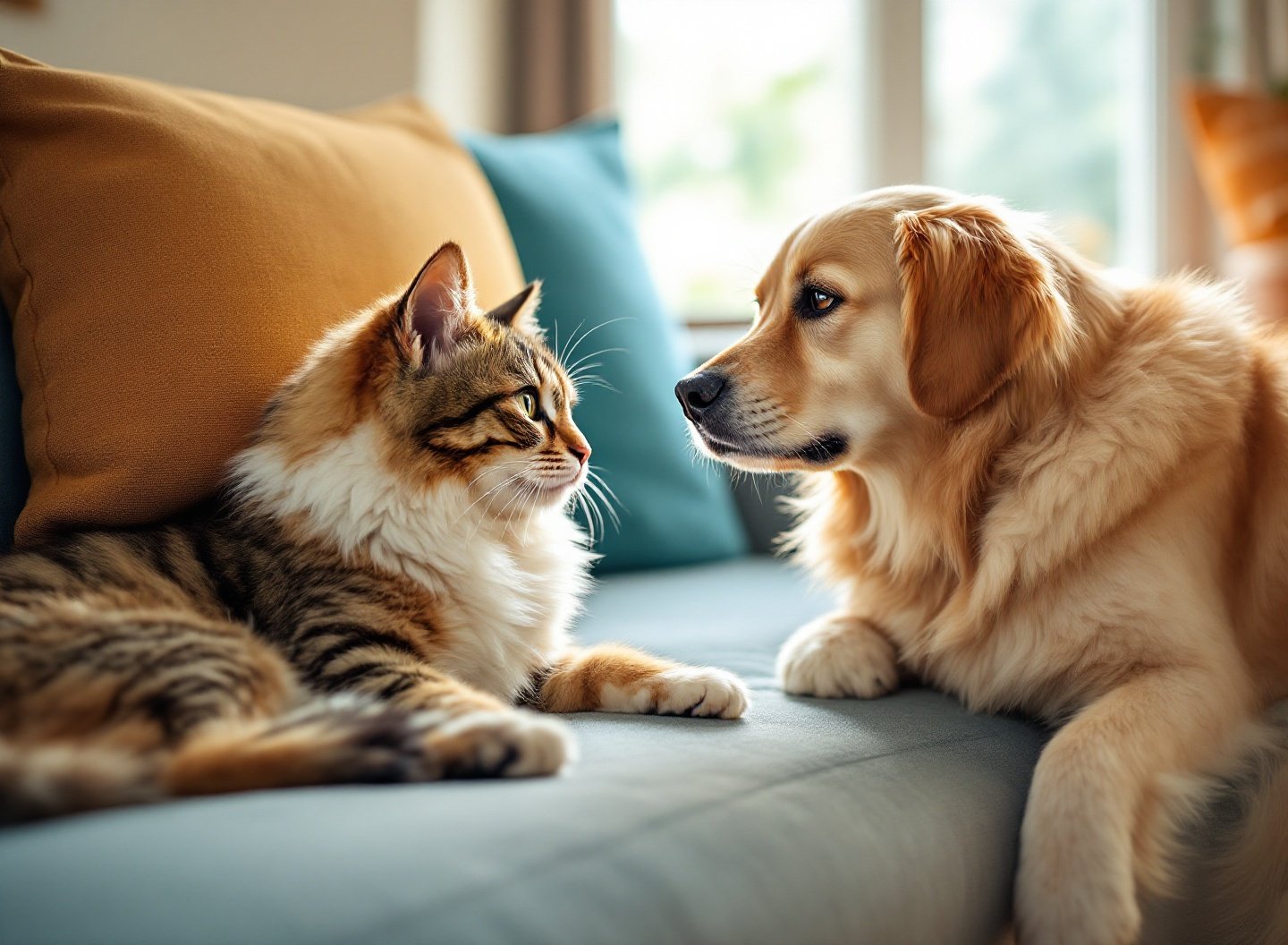 Animais de estimação com comportamento alterado em sala de estar.