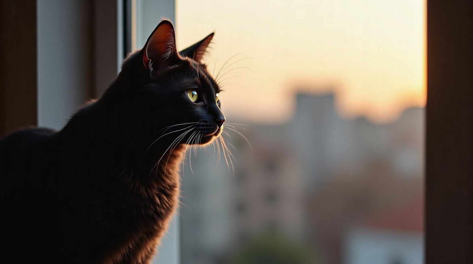 Gato preto observando a janela, demonstrando alerta e curiosidade