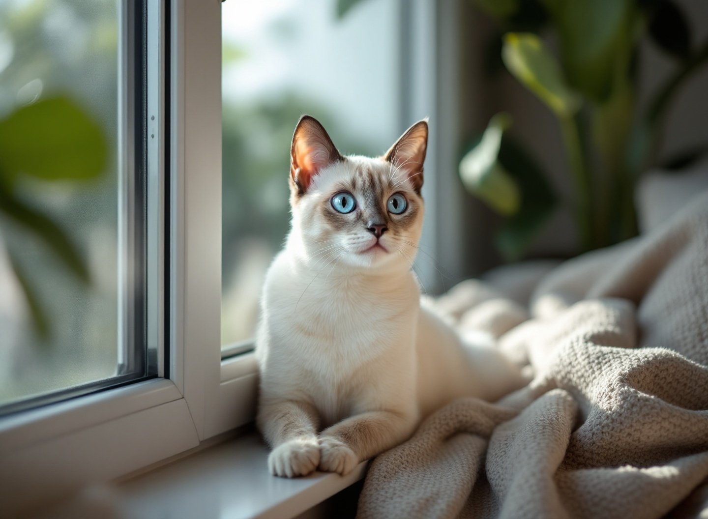 Gato siamês olhando pela janela com expressão de ansiedade, indicando solidão