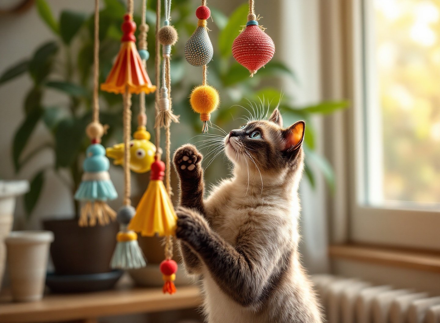 Gato siamês brincando com arranhador e brinquedo antiansiedade pet