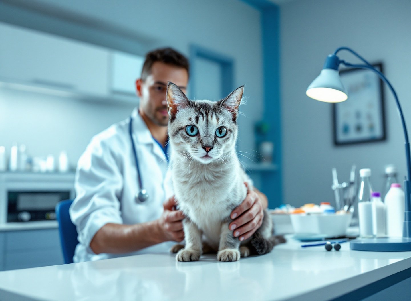 Sua Intuição não Mente: Descubra como decifrar os sinais de pet saudável e evite visitas desnecessárias ao veterinário 3 Gato siamês sendo examinado por um veterinário, verificando a saúde física do pet.