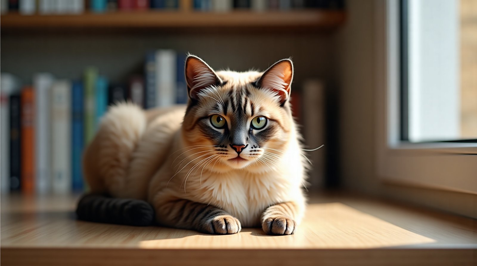 Chega de mistérios! Desvende os sinais do comportamento pet para uma convivência harmoniosa a partir de agora. 3 Gato siamês relaxado em prateleira, demonstrando linguagem corporal felina.
