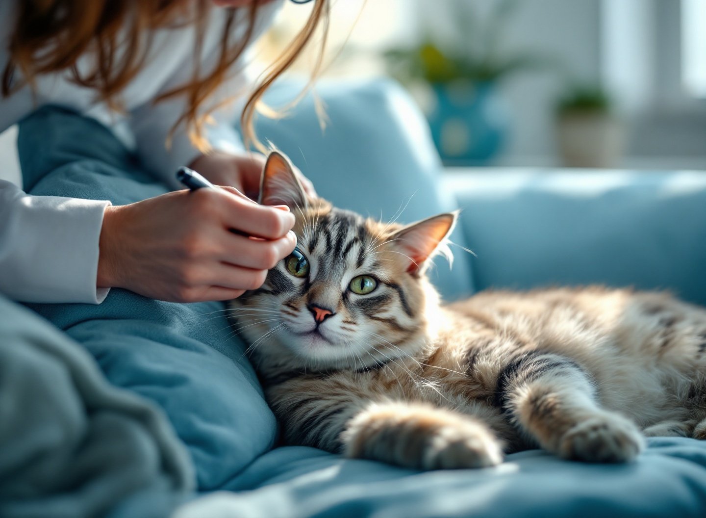 Tutor inspecionando as orelhas de um gato siamês para identificar sinais de otite ou infecção